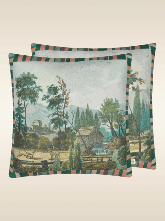 Coussin Pastoral Sky John Derian 50x50 cm – Vue d'ensemble scène campagne animaux et moulin – Atelier Anne Lavit Lyon
