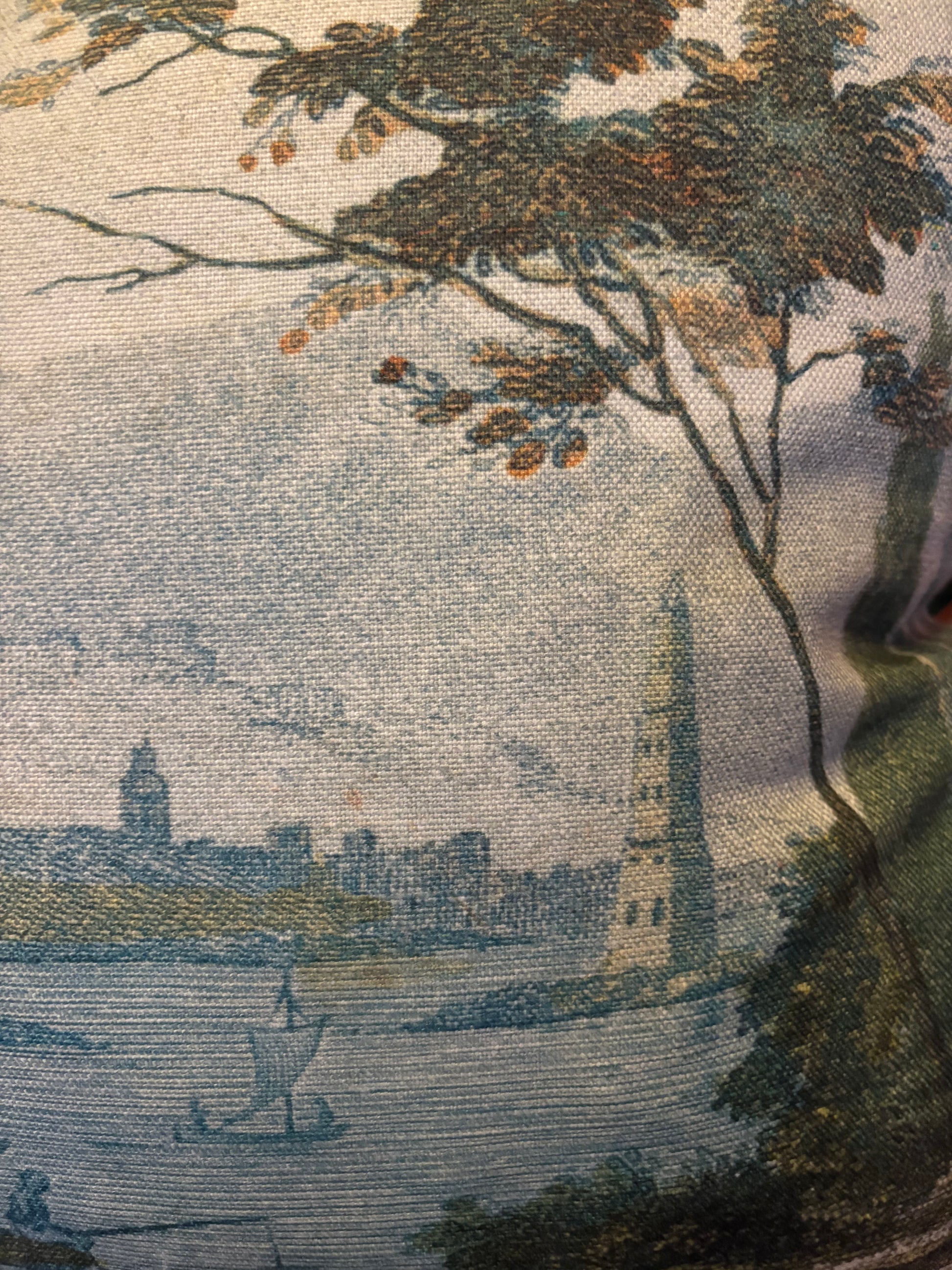 Coussin Pastoral Sky John Derian – Détail imprimé numérique lin gravure ancienne – Atelier Anne Lavit Lyon