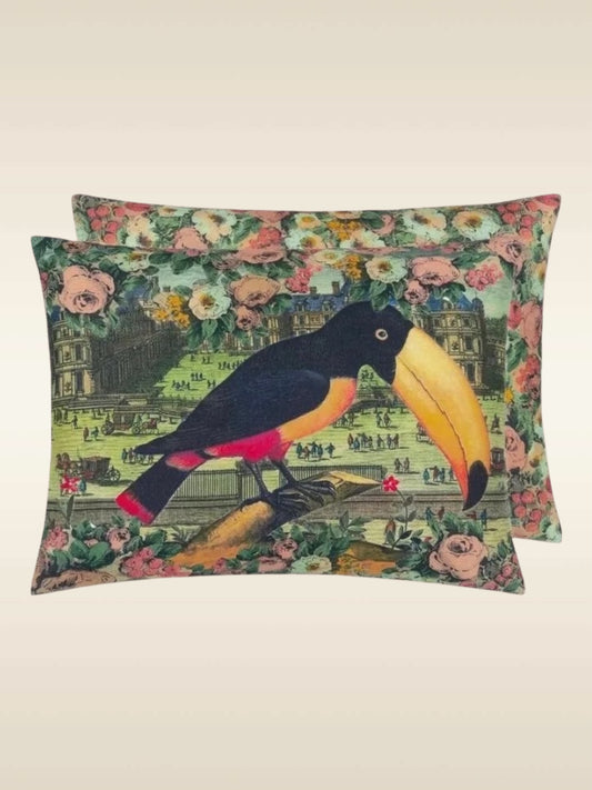 Coussin Toucan Floral Sépia John Derian 60x45 cm – Vue d'ensemble toucan jardin floral sépia – Atelier Anne Lavit Lyon