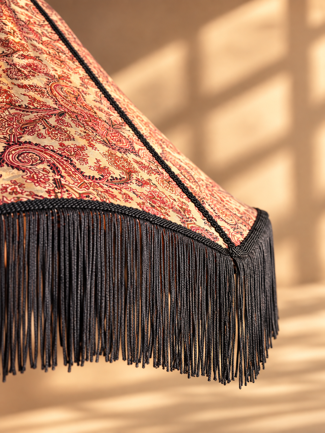 Suspension Pivoine N°2 en soie vintage motif Paisley détail du galon et des franges 