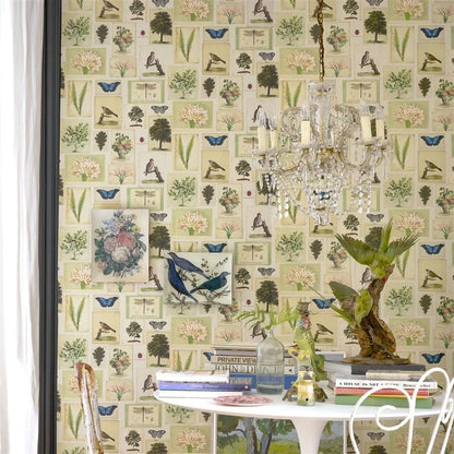 mis en scène Papier peint Flora and Fauna John Derian motif flore et faune vintage parchment