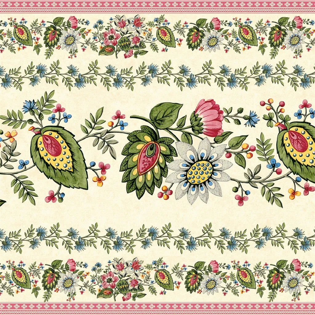 Frise de papier peint floral John Derian Folk Flower coloris Parchment - Détail fleurs vintage.