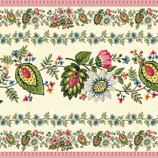 Frise de papier peint floral John Derian Folk Flower coloris Parchment - Détail fleurs vintage.