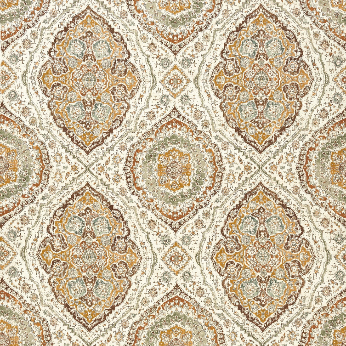 Tissu Karabali aux motifs cachemire Ochre et eucalyptus sélection Anne Lavit Lyon