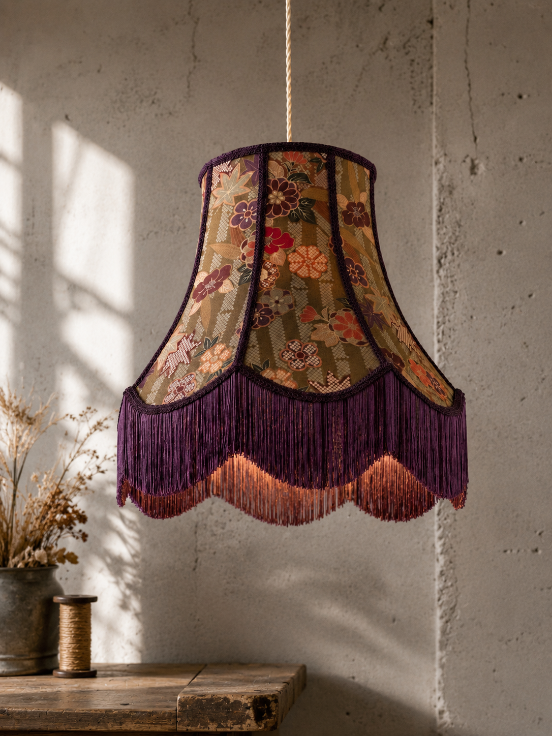 Mise en scène Suspension JOSÉPHINE – Soie Vintage Japonaise & Franges Atelier Anne Lavit Lyon