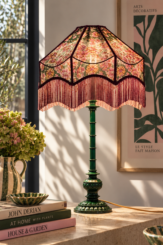 Mise en situation Abat-jour artisanal IRIS en soie vintage Atelier Anne Lavit Lyon