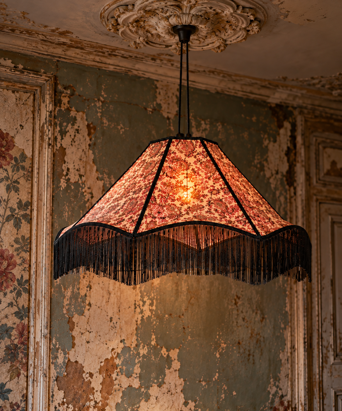 Suspension Pivoine N°2 en soie vintage motif Paisley mise en situation
